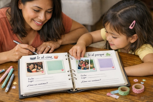 Mano escribiendo en un álbum junto a fotos familiares