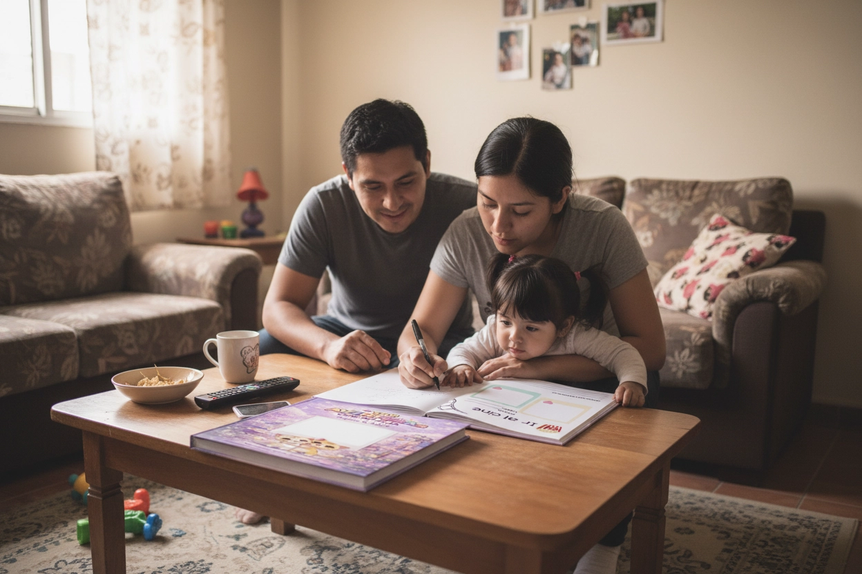 Familia viendo el álbum en casa